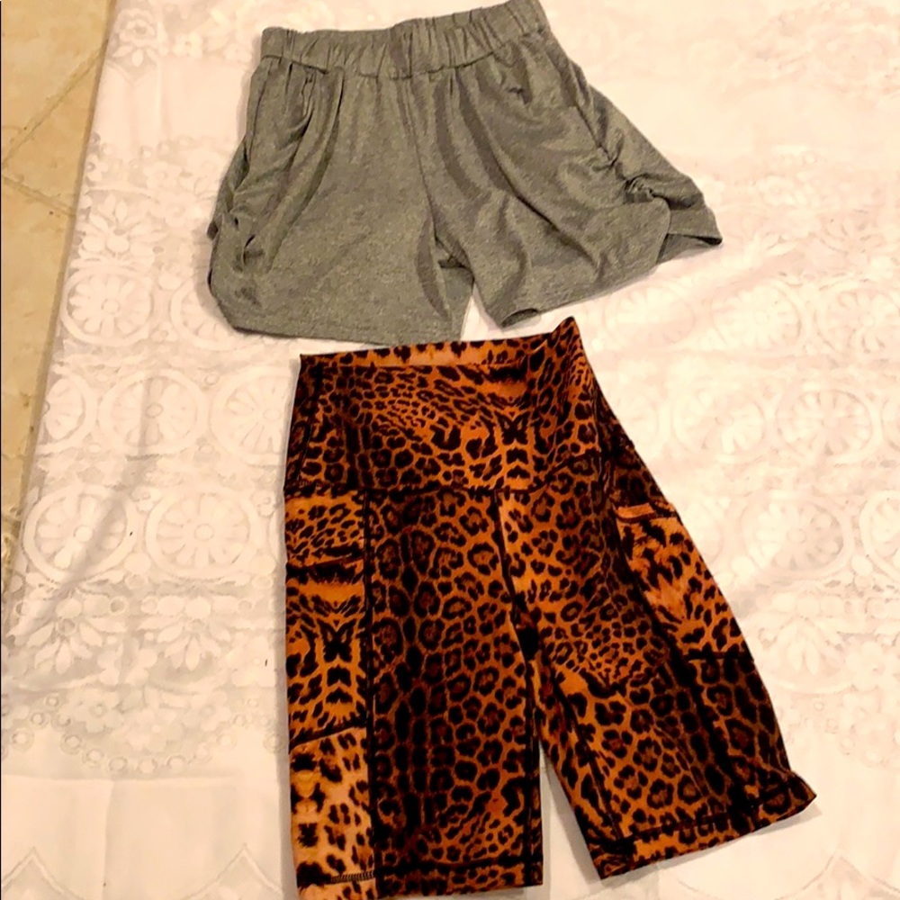 New Yogalicious luxe shorts and gray harem shorts.